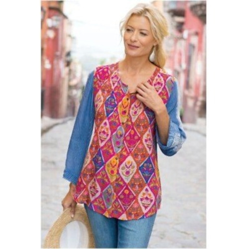 Soft Surroundings Size M Boho Floral Diamond Print Long Sleeve Shibori Tunic Top